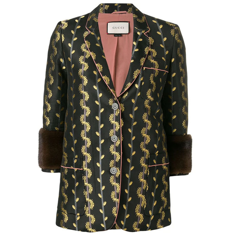 Gucci 2016 metallic leaf print blazer for men, black blazer with silver metallic leaf pattern, stylish formal jacket.