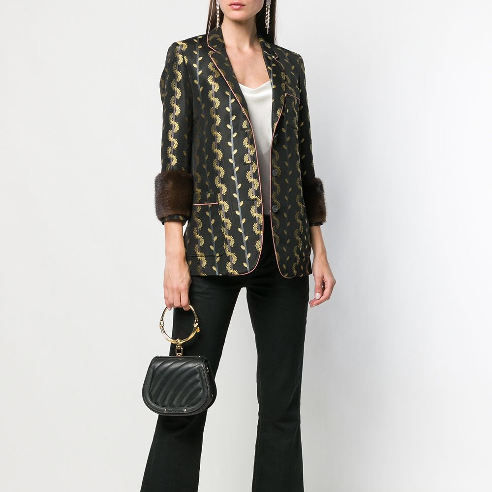 Gucci 2016 metallic leaf print blazer for men, black blazer with shiny metallic leaf design, stylish and tailored fit.