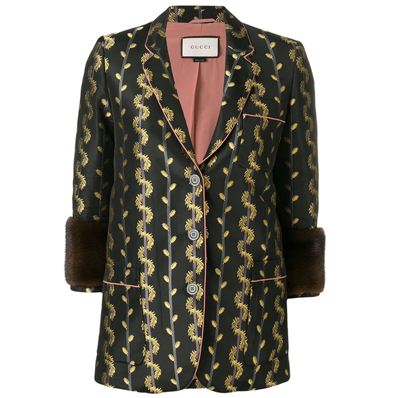 Gucci 2016 metallic leaf print blazer for men, black blazer with silver metallic leaf pattern, stylish formal jacket.