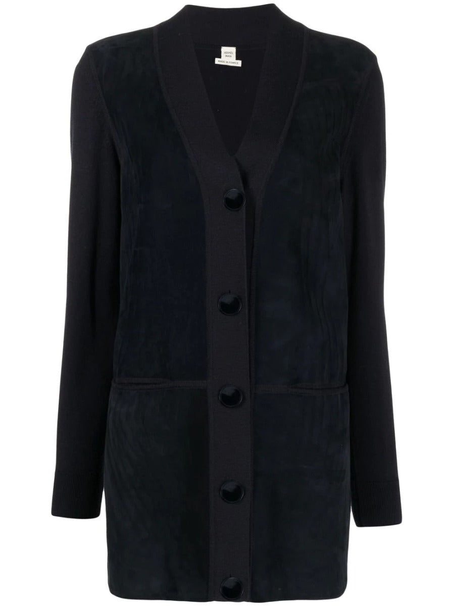Hermès navy V-neck suede cardigan, a stylish blazer or jacket with a smooth textured finish and classic design.