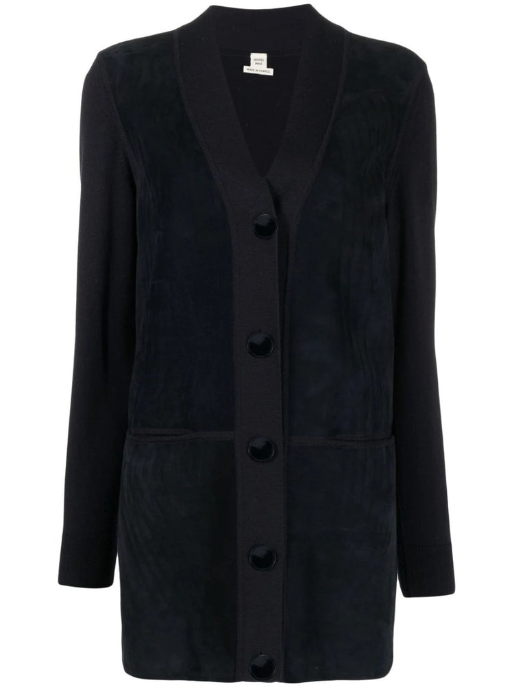 Hermès navy V-neck suede cardigan, a stylish blazer or jacket with a smooth textured finish and classic design.