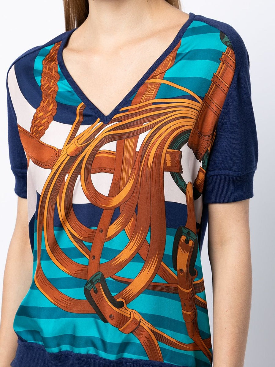 Hermès navy bridle print silk top featuring elegant design and lightweight fabric, perfect for sophisticated casual wear.