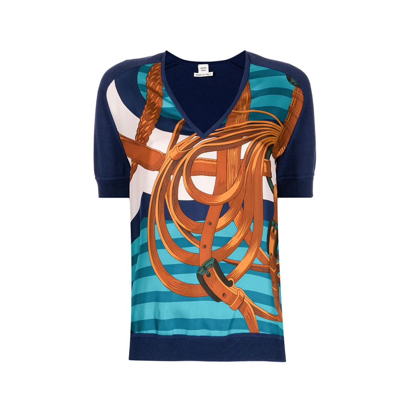 Hermès navy silk top with a bridle print, showcasing elegant design and luxurious fabric, perfect for stylish tops.