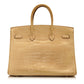 Hermès Birkin 35 bag in Parchemin beige Porosus crocodile leather with dual rolled handles, palladium-tone hardware, front flap, belted straps, and turn-lock closure.
