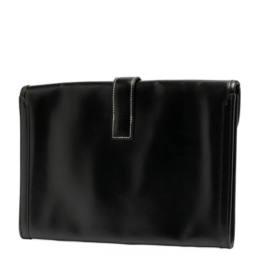 Hermès customised Bandana Jige Élan PM clutch in black Box leather with envelope silhouette, fold-over flap, H-tab closure and graphic bandana-inspired custom design.