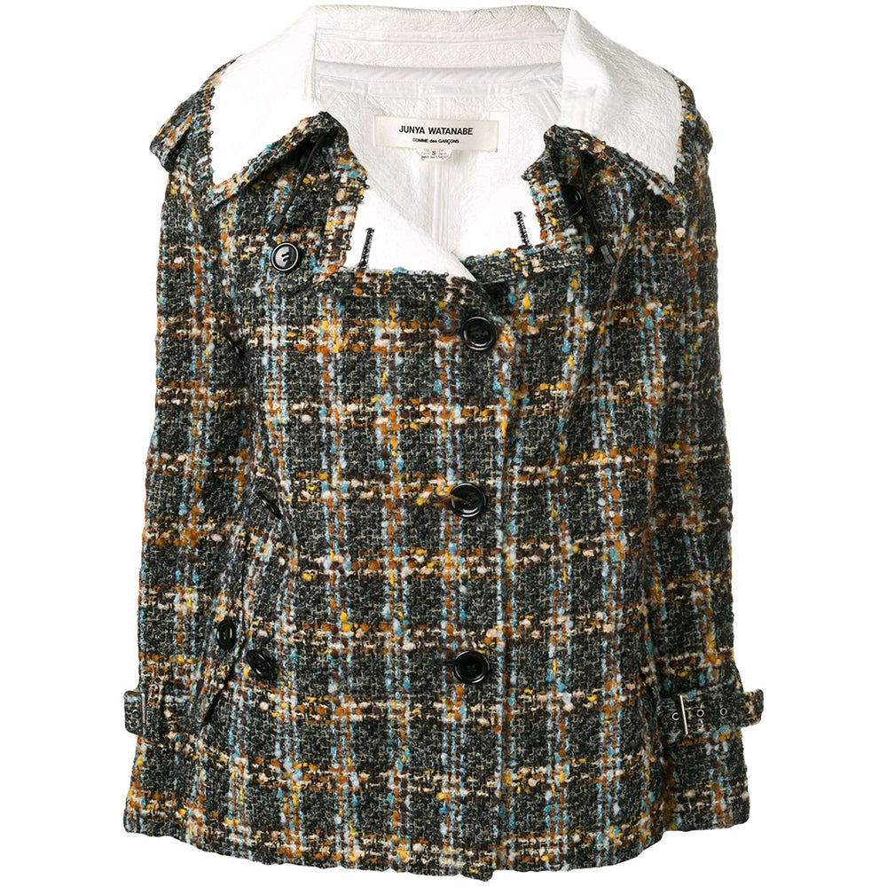 Vintage Comme Des Garçons double-breasted tweed jacket with classic lapels and tailored fit, perfect for stylish layering.