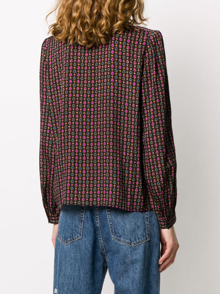 Lanvin black silk blouse with Ace of Spades-inspired multicolour print, ruffled high collar, long sleeves, buttoned cuffs, concealed front fastening, and lightweight fluid fit.