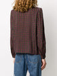 Lanvin black silk blouse with Ace of Spades-inspired multicolour print, ruffled high collar, long sleeves, buttoned cuffs, concealed front fastening, and lightweight fluid fit.