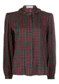 Lanvin black silk blouse with Ace of Spades-inspired multicolour print, ruffled high collar, long sleeves, buttoned cuffs, concealed front fastening, and lightweight fluid fit.