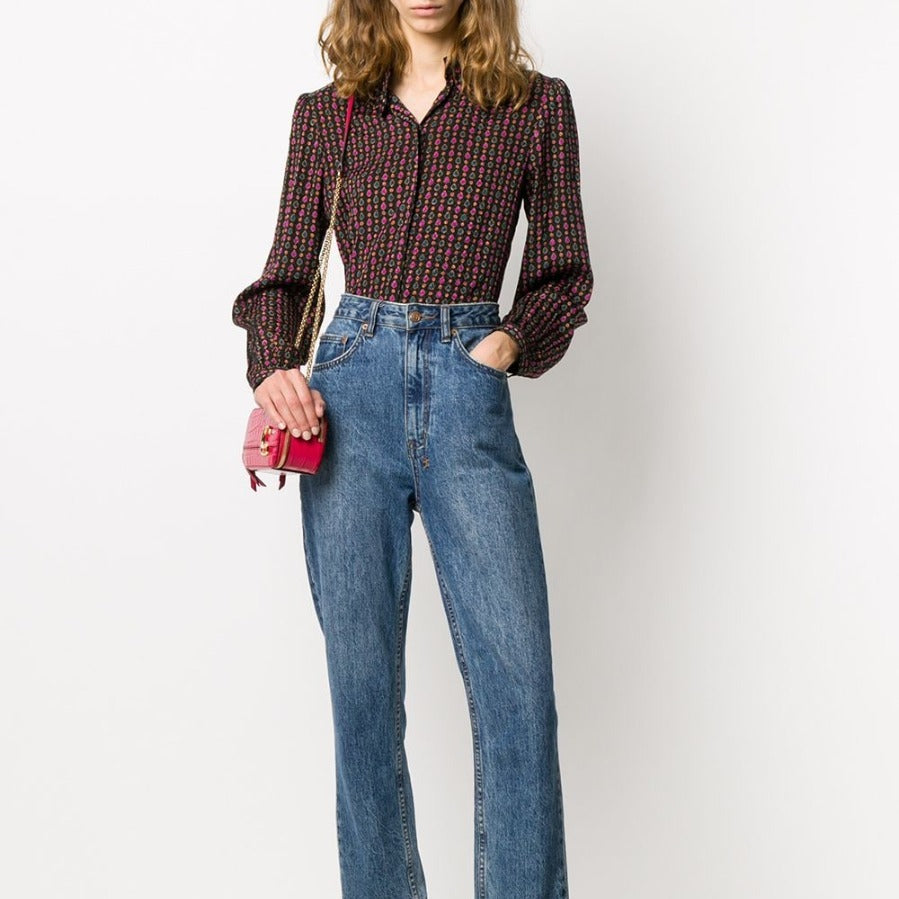 Lanvin black silk blouse with Ace of Spades-inspired multicolour print, ruffled high collar, long sleeves, buttoned cuffs, concealed front fastening, and lightweight fluid fit.