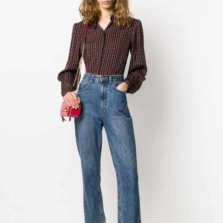 Lanvin black silk blouse with Ace of Spades-inspired multicolour print, ruffled high collar, long sleeves, buttoned cuffs, concealed front fastening, and lightweight fluid fit.