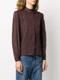 Lanvin black silk blouse with Ace of Spades-inspired multicolour print, ruffled high collar, long sleeves, buttoned cuffs, concealed front fastening, and lightweight fluid fit.