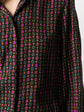 Lanvin black silk blouse with Ace of Spades-inspired multicolour print, ruffled high collar, long sleeves, buttoned cuffs, concealed front fastening, and lightweight fluid fit.