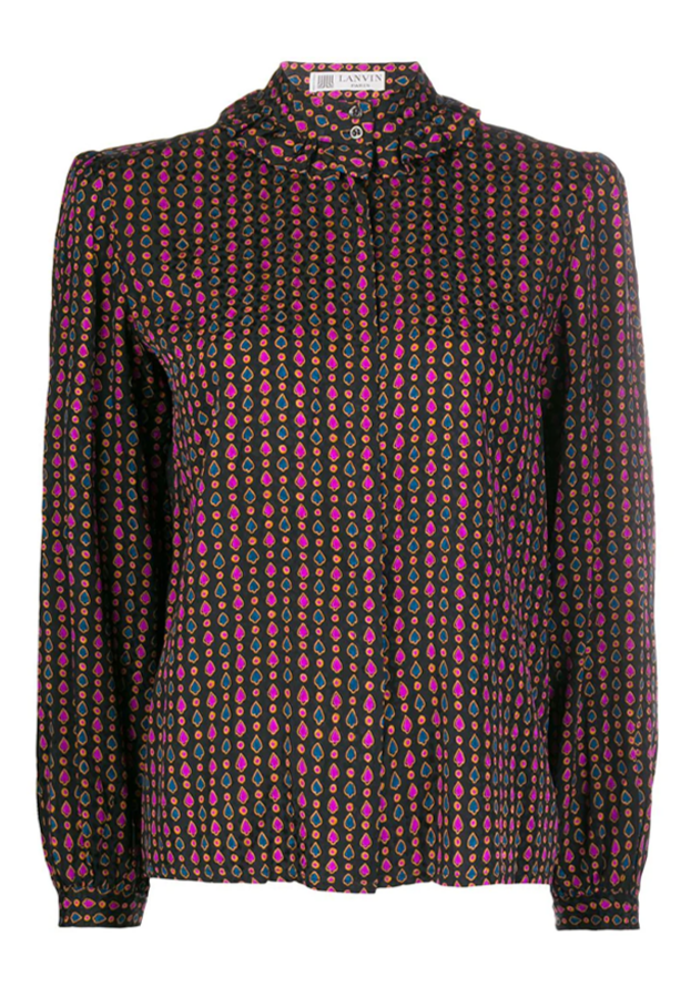 Lanvin black silk blouse with Ace of Spades-inspired multicolour print, ruffled high collar, long sleeves, buttoned cuffs, concealed front fastening, and lightweight fluid fit.