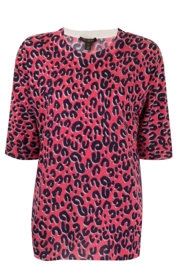 Louis Vuitton x Stephen Sprouse 2006 leopard print jumper in red, pink and black with round neckline, elbow-length sleeves and relaxed longline fit.