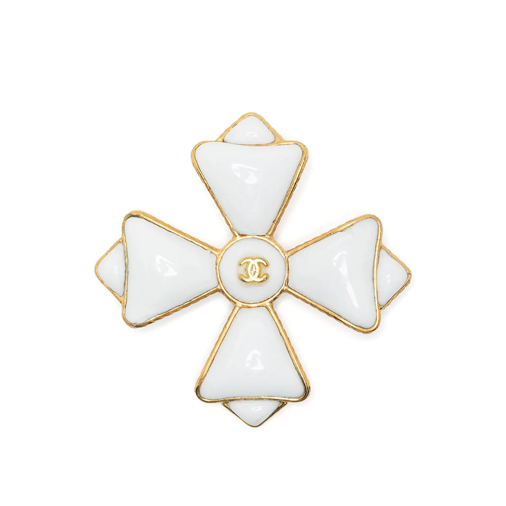 Pre-owned Chanel white Maltese Cross Brooch, front view