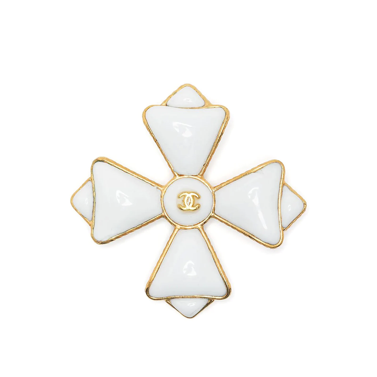 Pre-owned Chanel white Maltese Cross Brooch, front view