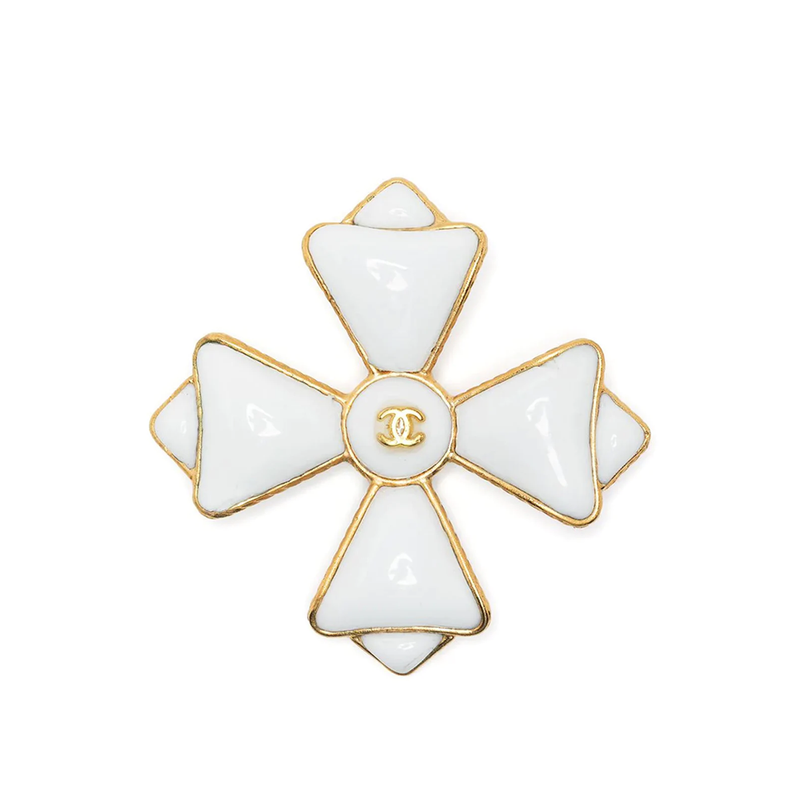 Pre-owned Chanel white Maltese Cross Brooch, front view
