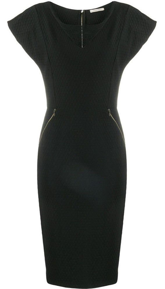 Nina Ricci black shift dress displayed on a hanger, showcasing a sleek, minimalist design with long sleeves and a fitted silhouette.
