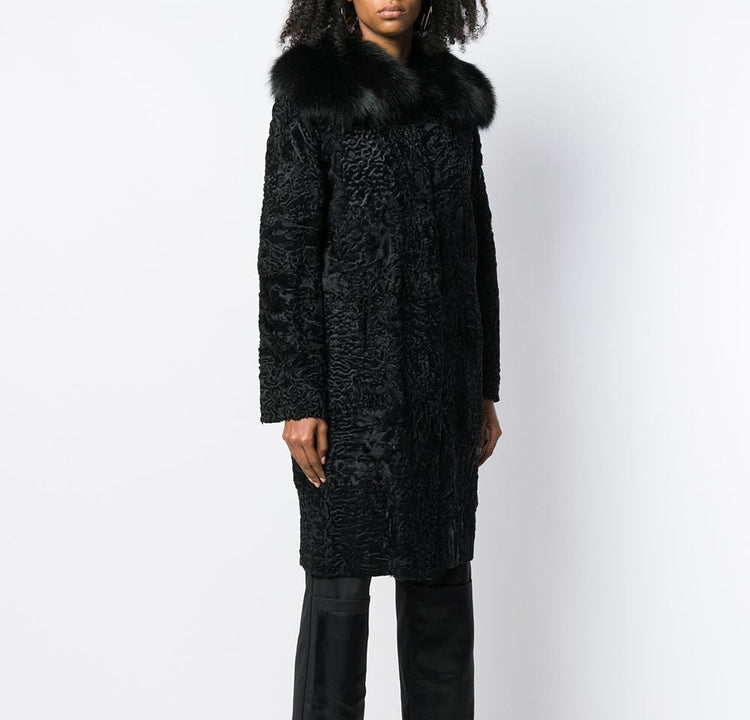 Black Prada Jacquard Astrakhan coat featuring textured fabric and tailored design, displayed on a mannequin.