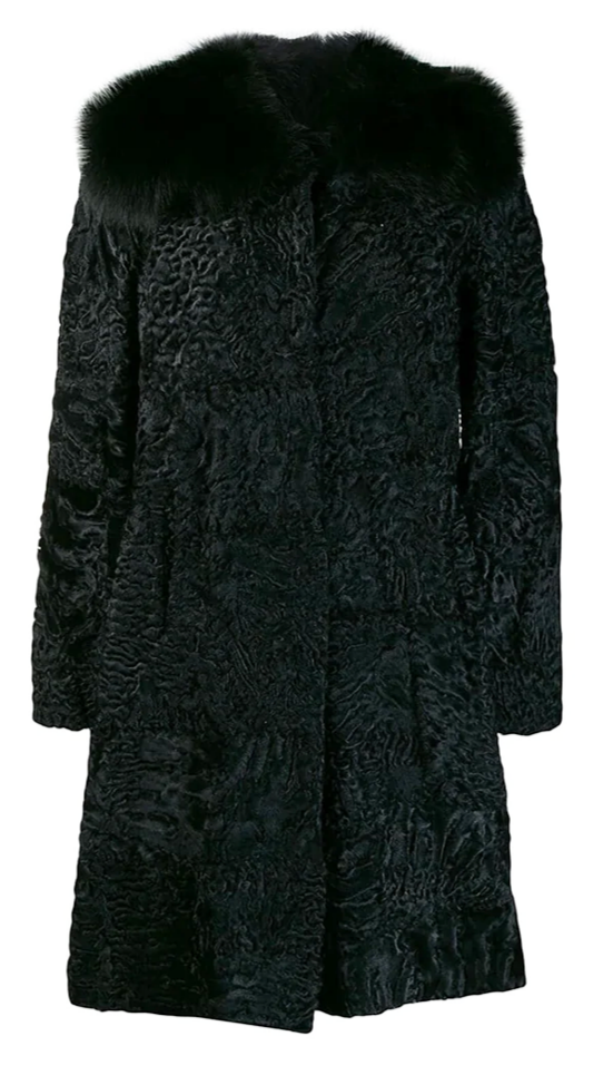 Prada black jacquard astrakhan coat, front view