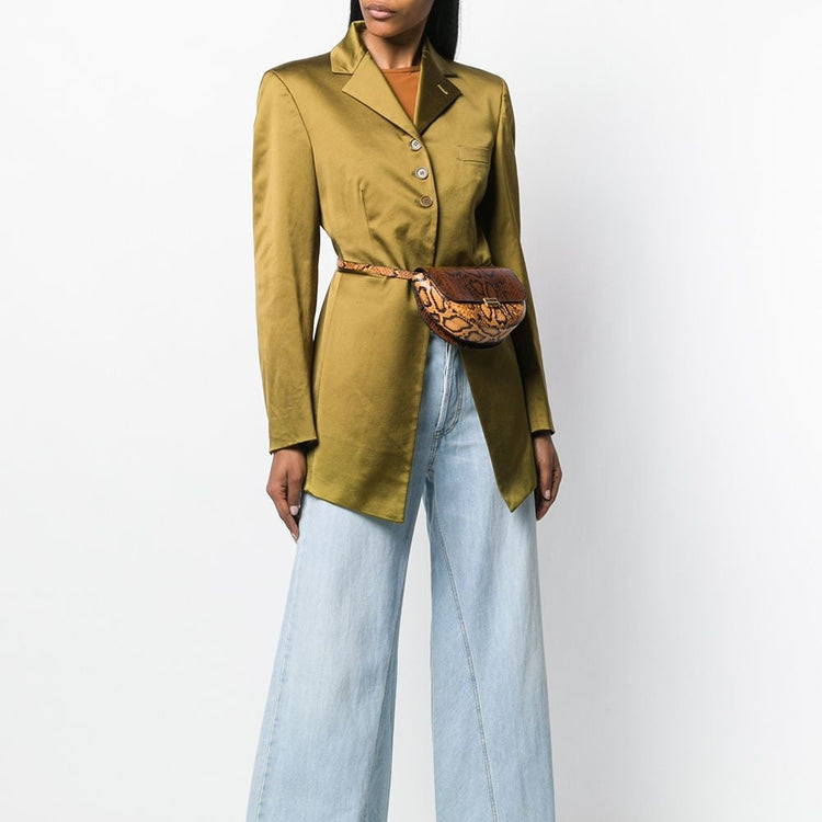 Vintage 1980s Romeo Gigli olive blazer, tailored jacket with classic lapels and structured fit, perfect for stylish retro looks.
