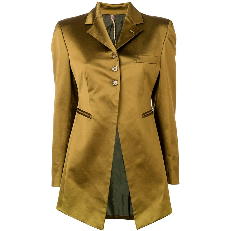 Vintage 1980s Romeo Gigli olive blazer featuring classic tailored design and button closure, styled for a retro sophisticated look.