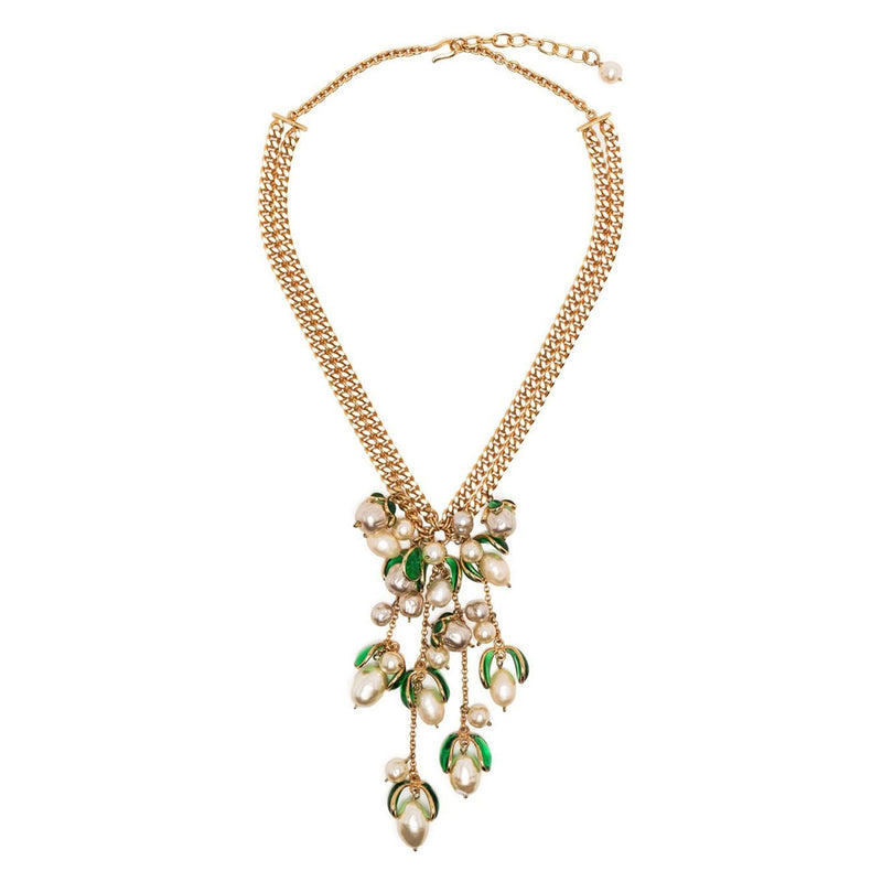 Gripoix Green Petal Pearl Pendant Necklace - Rewind Vintage Affairs