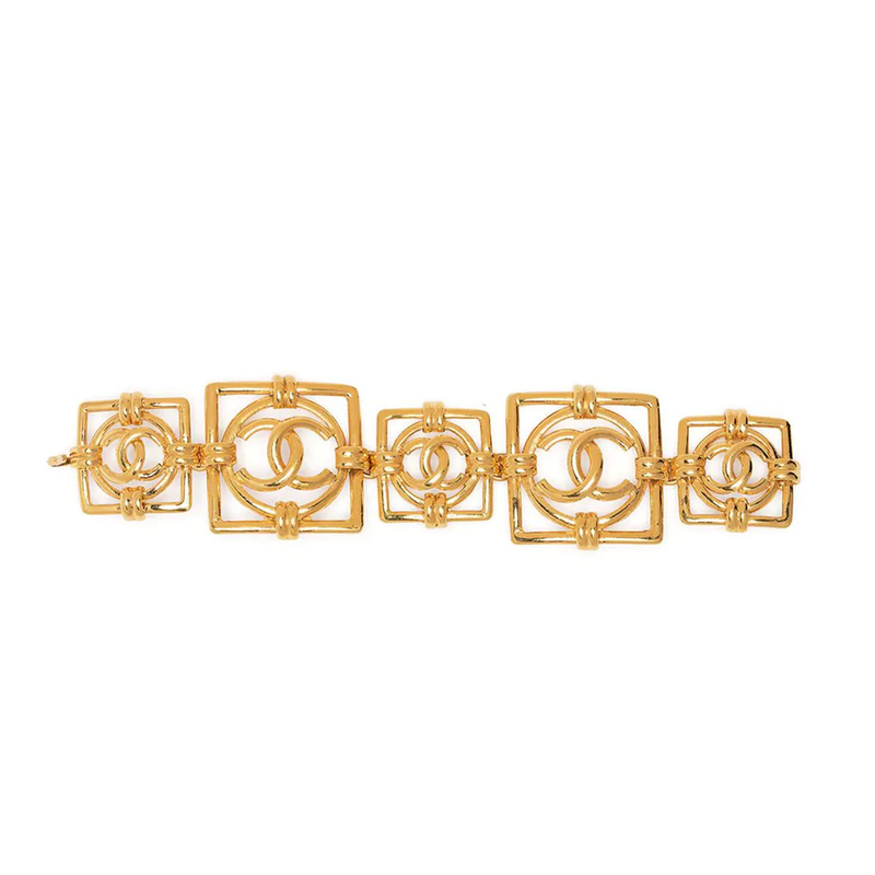 Chanel Square Logo Bracelet featuring a sleek metal band with a prominent square logo emblem for elegant accessory style