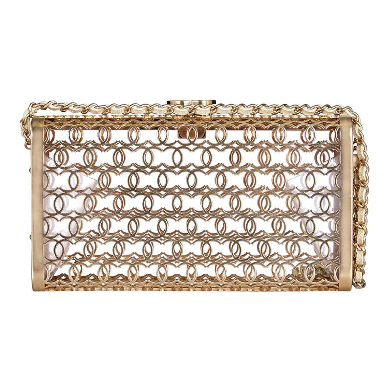 Chanel Gold Logo Cage Chain Clutch with chain strap, sleek design, and elegant gold logo detailing on black material.