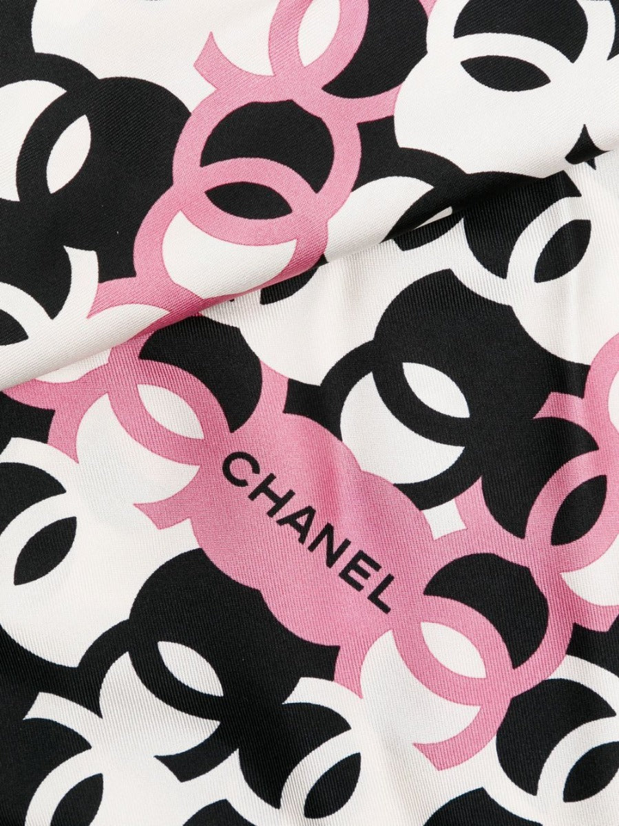 Chanel White Ribbon Print CC Silk Scarf Chanel