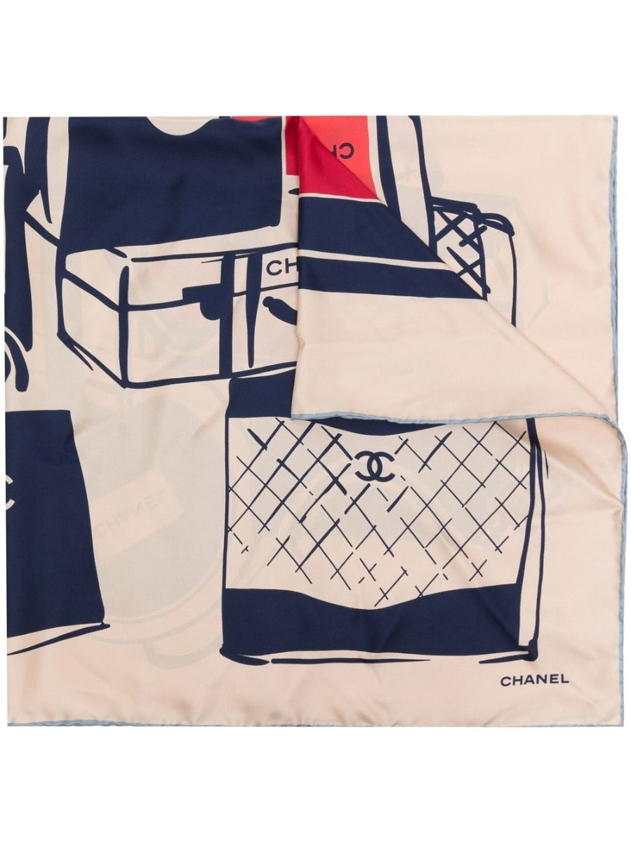 Cream Luggage Print Silk Scarf - Rewind Vintage Affairs