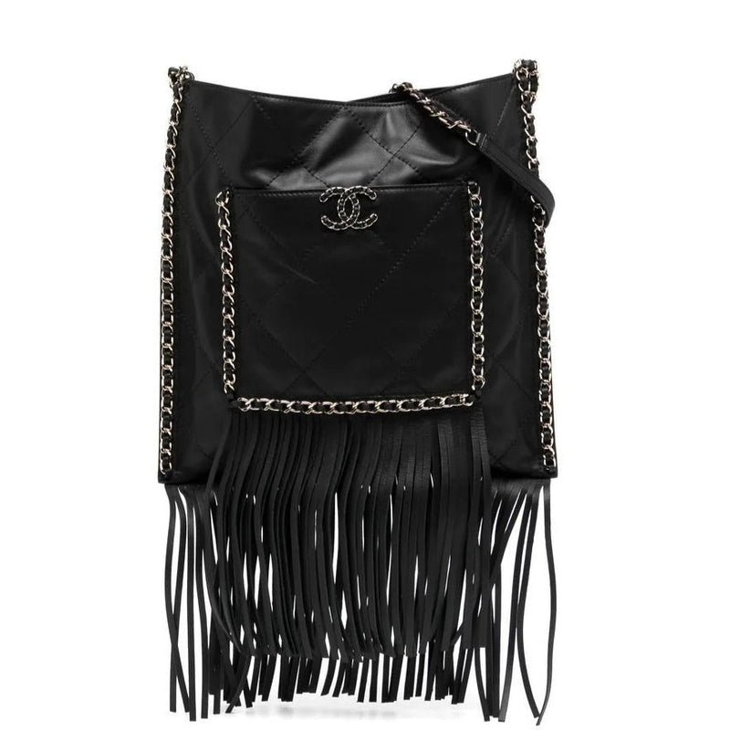 Black Leather and Chain Fringe Shopping Bag - Rewind Vintage Affairs