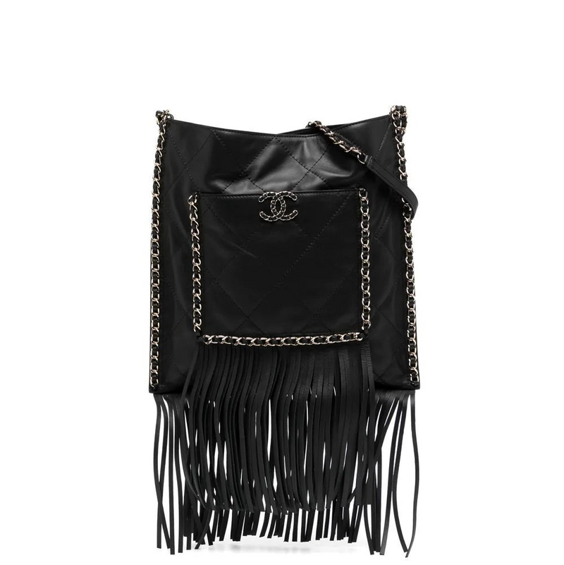 Black Leather and Chain Fringe Shopping Bag - Rewind Vintage Affairs