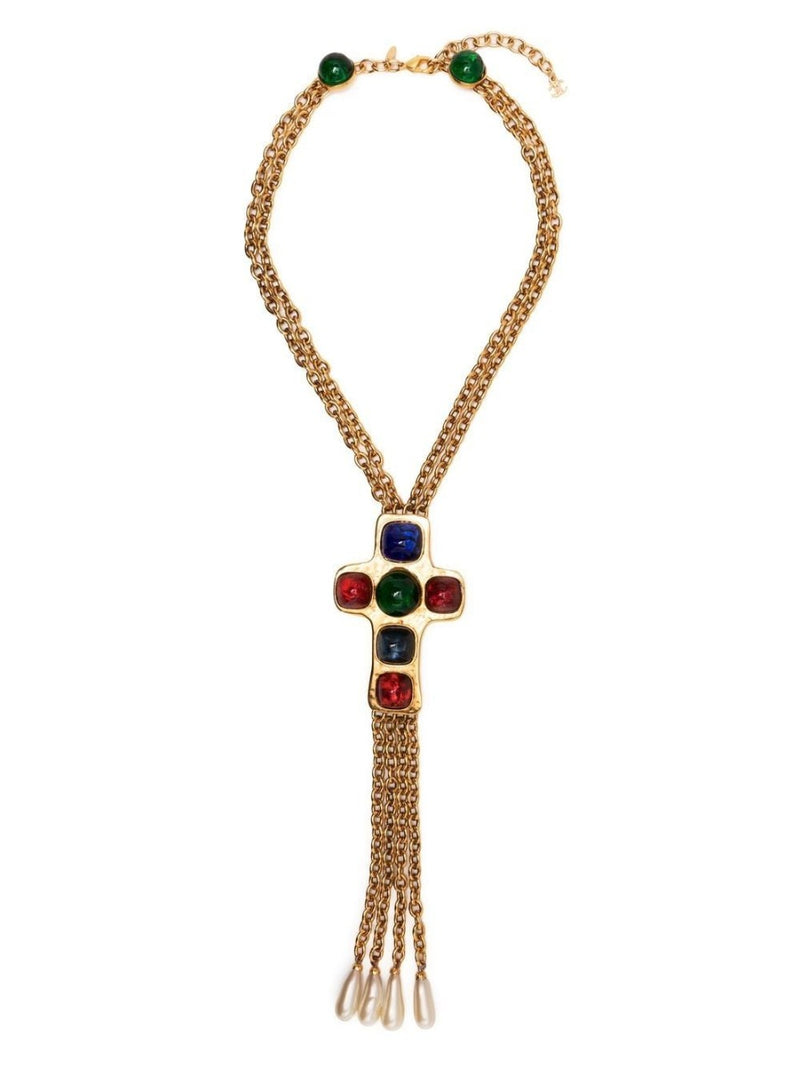 Double Strand Cabochon Cross Motif Necklace - Rewind Vintage Affairs