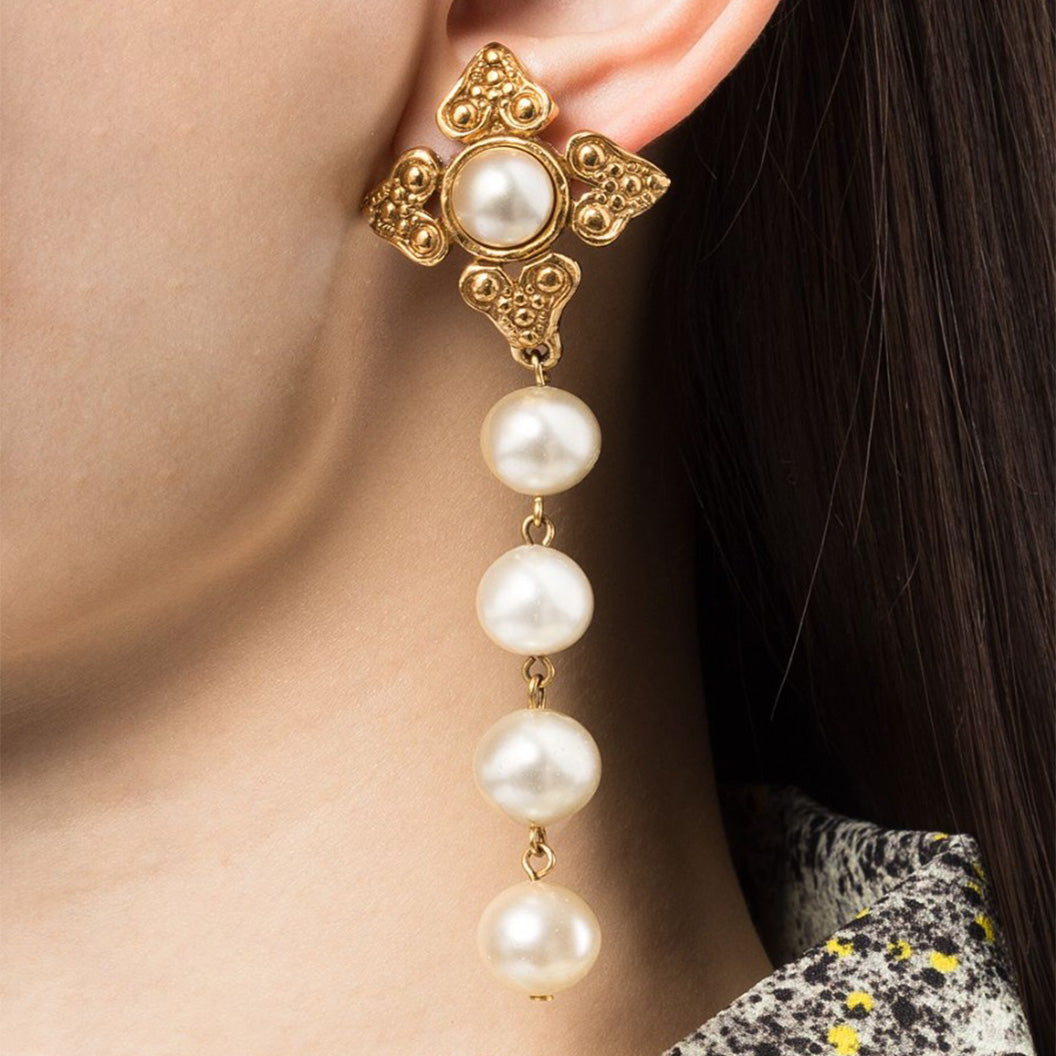 Chanel Vintage CC Gold Faux Pearl Drop Earrings c. 1990 (Clip-on)