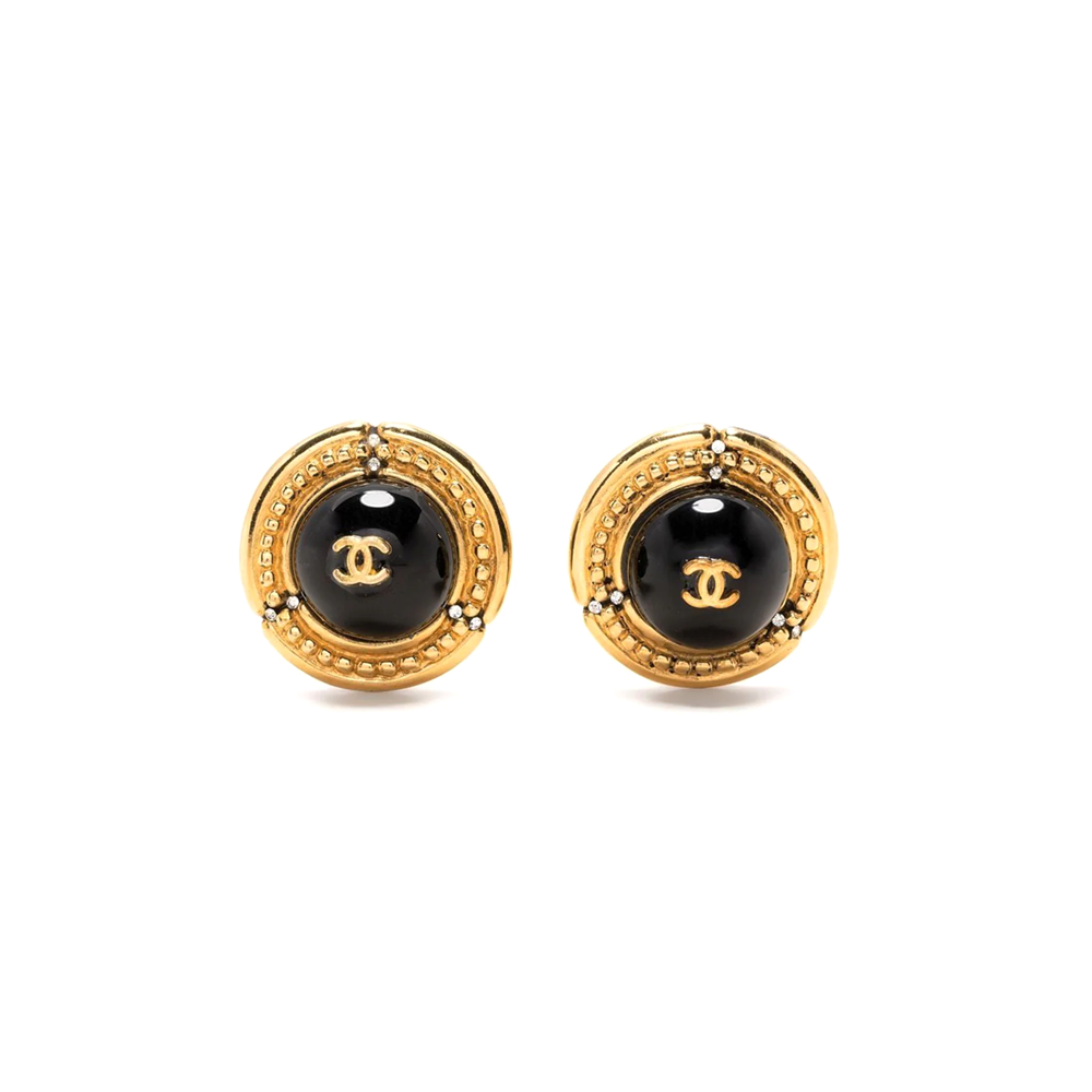 Black Cabochon Logo Clip-on Earrings - Rewind Vintage Affairs