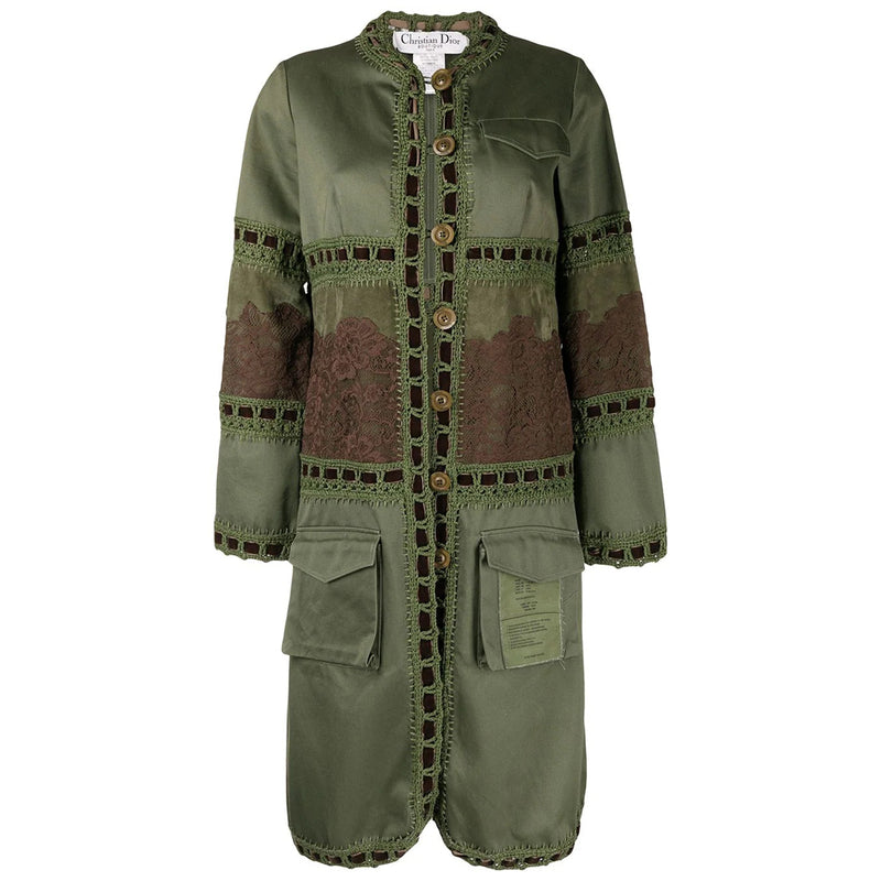 Military Green Lace Detail Single-breasted Coat - Rewind Vintage Affairs
