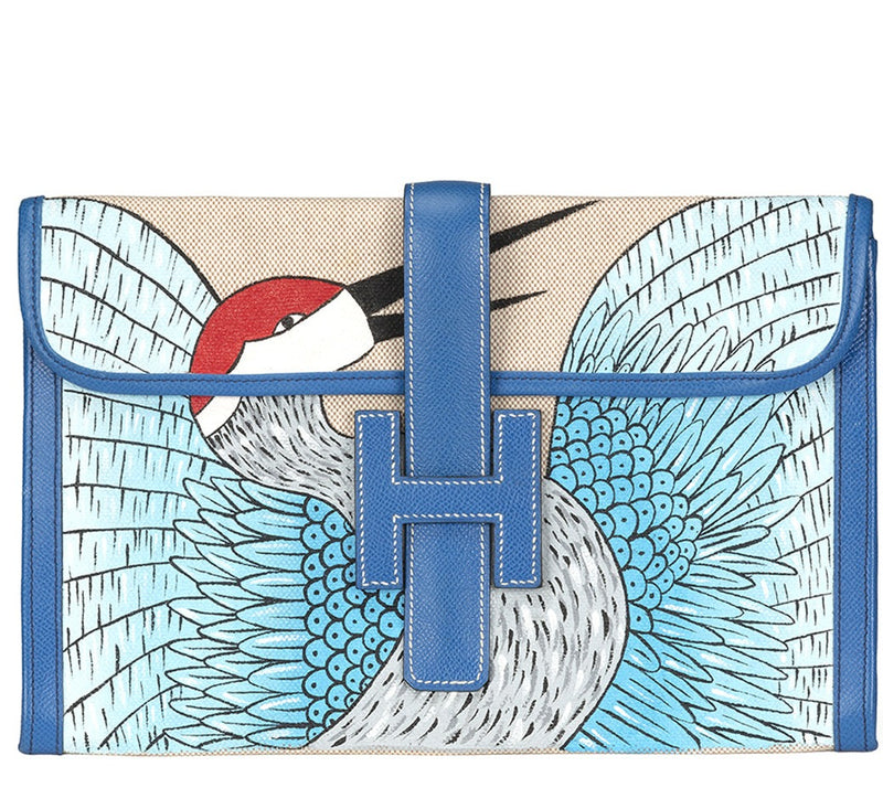 Ivory and Blue Jige Clutch Customised With Bird - rewindvintageofficial