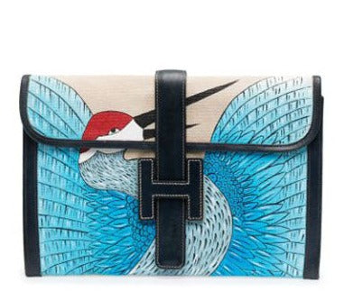 Jige Navy & White Clutch Customised with Bird - rewindvintageofficial