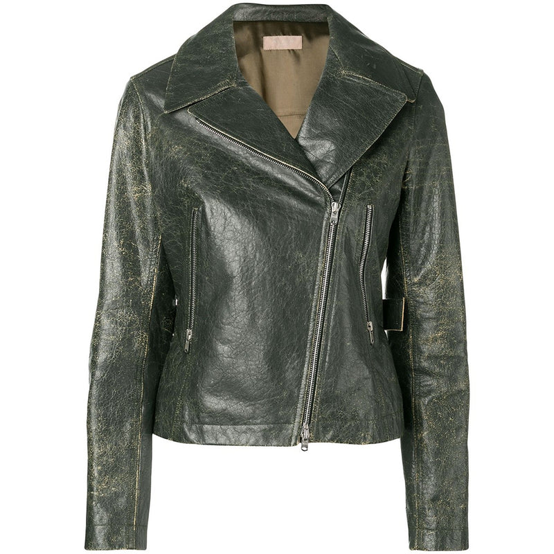Dark Green Distressed Biker Jacket - rewindvintageofficial