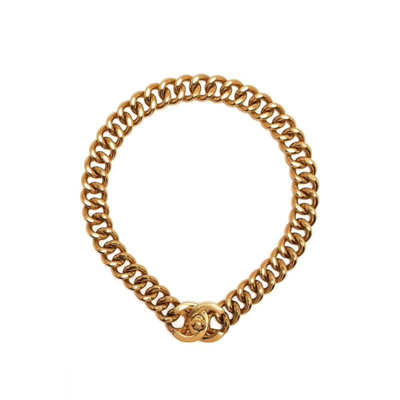 Gold Chanel CC Turn-Lock Chain Necklace featuring interlocking chain design and signature turn-lock clasp.