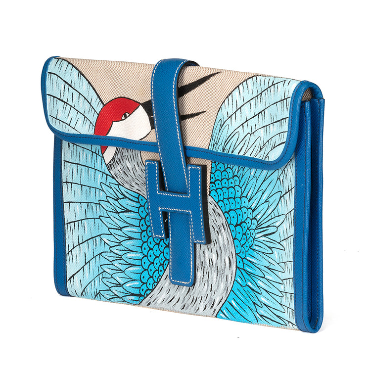 Ivory and Blue Jige Clutch Customised With Bird - rewindvintageofficial