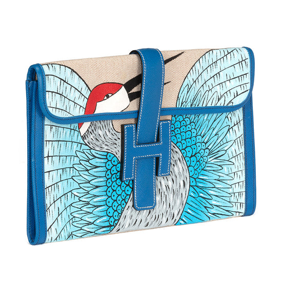 Ivory and Blue Jige Clutch Customised With Bird - rewindvintageofficial