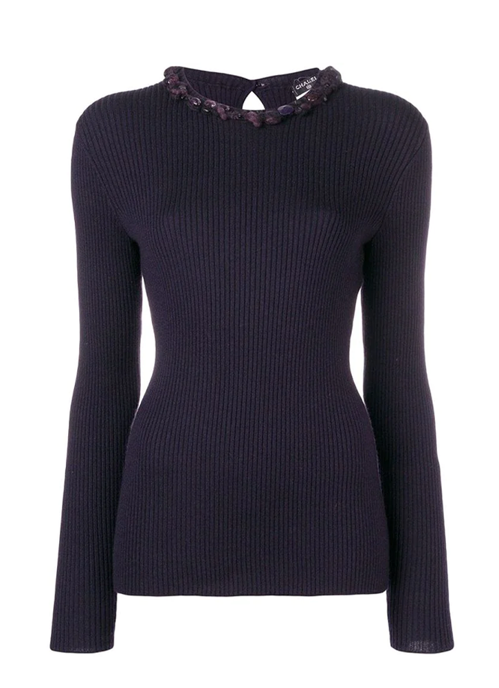 A long-sleeved plum embellished jumper with a crew neck collar featuring button fastening and ribbed detailing.