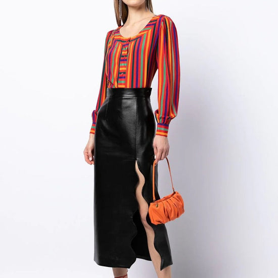 Yves Saint Laurent Rive Gauche striped silk blouse, elegant top with classic pattern, shown styled with fashionable outfit.